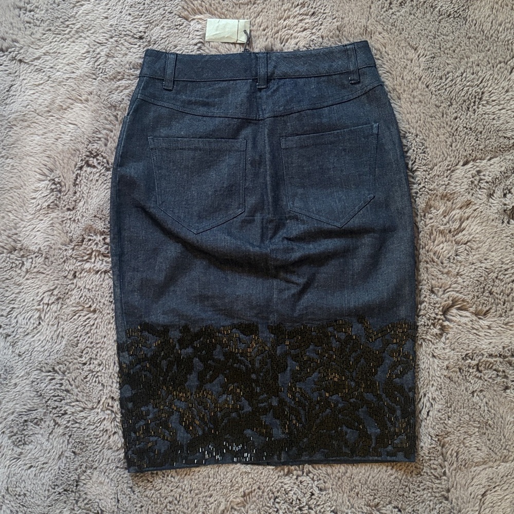 All Saints Hand Embellished Dark Wash Denim Pencil Skirt - Picture 2 of 15